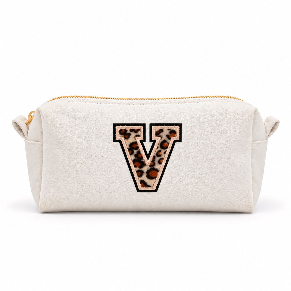 Kosmetiktasche mit Leo-Buchstaben A–Z oder Herz | Baumwolle Make-up Tasche S & L | Beige & Schwarz | Personalisiertes Geschenk für Frauen Kulturbeutel Reiseorganizer