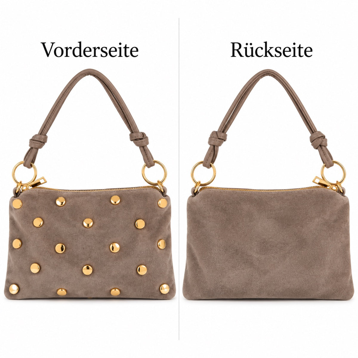 Damen Schultertasche Echt Wildleder mit goldfarbenen Nieten – Made in Italy – 2 Looks – Handtasche Crossbody S/L Tasche