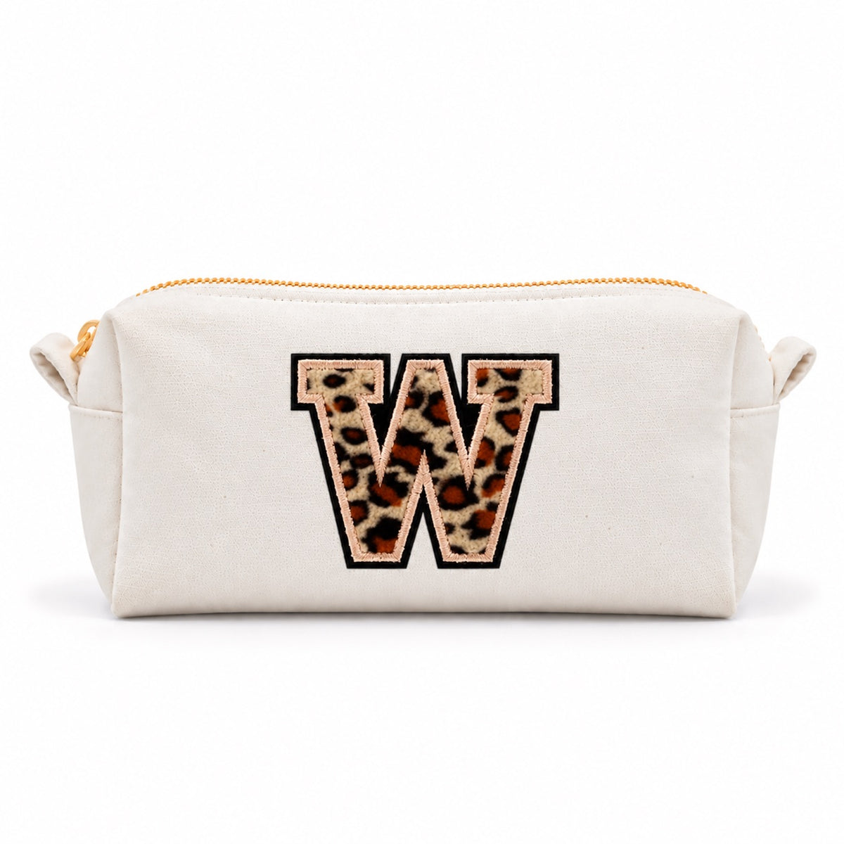 Kosmetiktasche mit Leo-Buchstaben A–Z oder Herz | Baumwolle Make-up Tasche S & L | Beige & Schwarz | Personalisiertes Geschenk für Frauen Kulturbeutel Reiseorganizer
