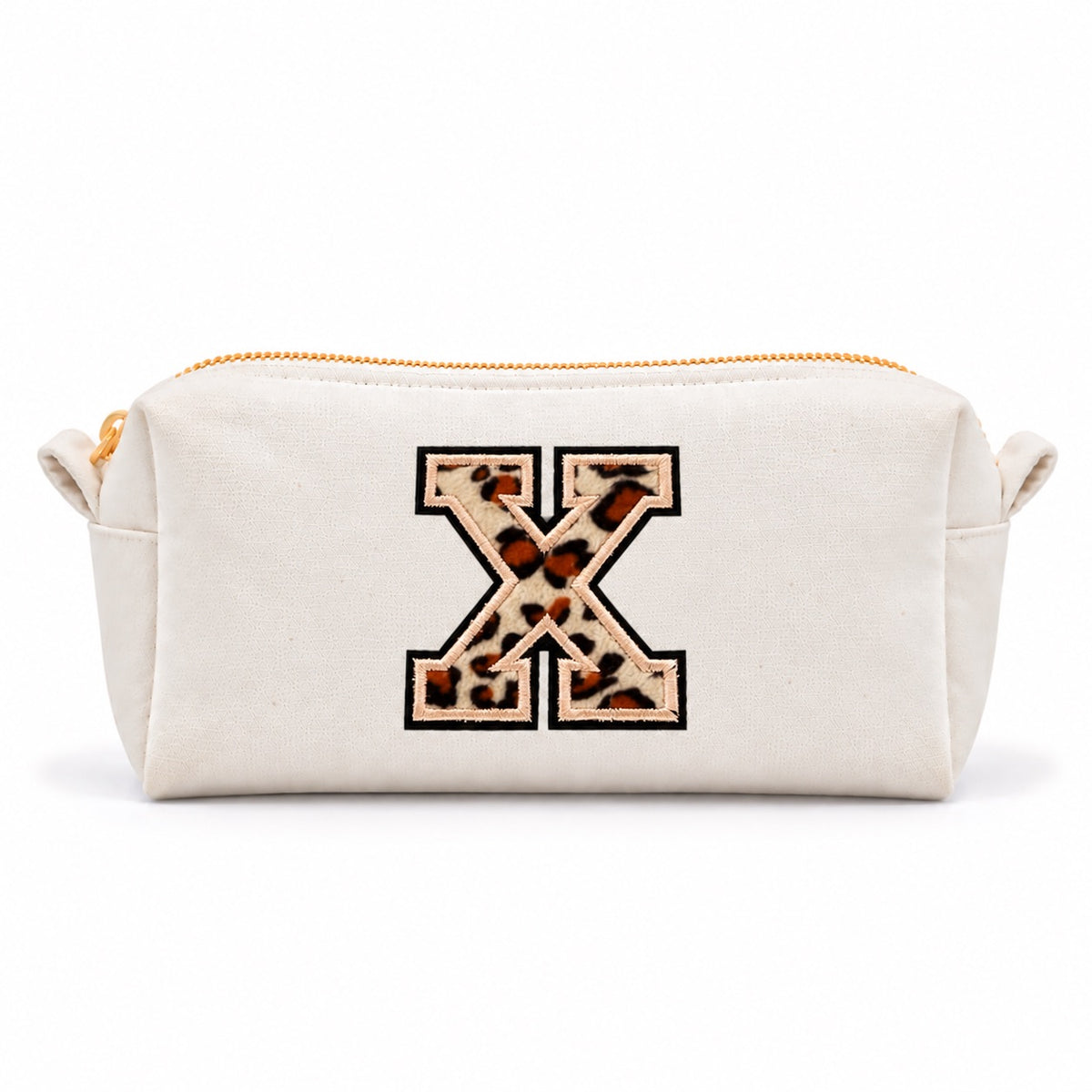 Kosmetiktasche mit Leo-Buchstaben A–Z oder Herz | Baumwolle Make-up Tasche S & L | Beige & Schwarz | Personalisiertes Geschenk für Frauen Kulturbeutel Reiseorganizer