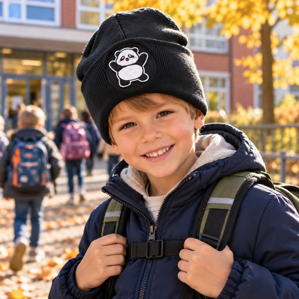 Bamboo Panda Face Beanie Schwarz – Warme Unisex Mütze für Kinder Schüler Damen Grau