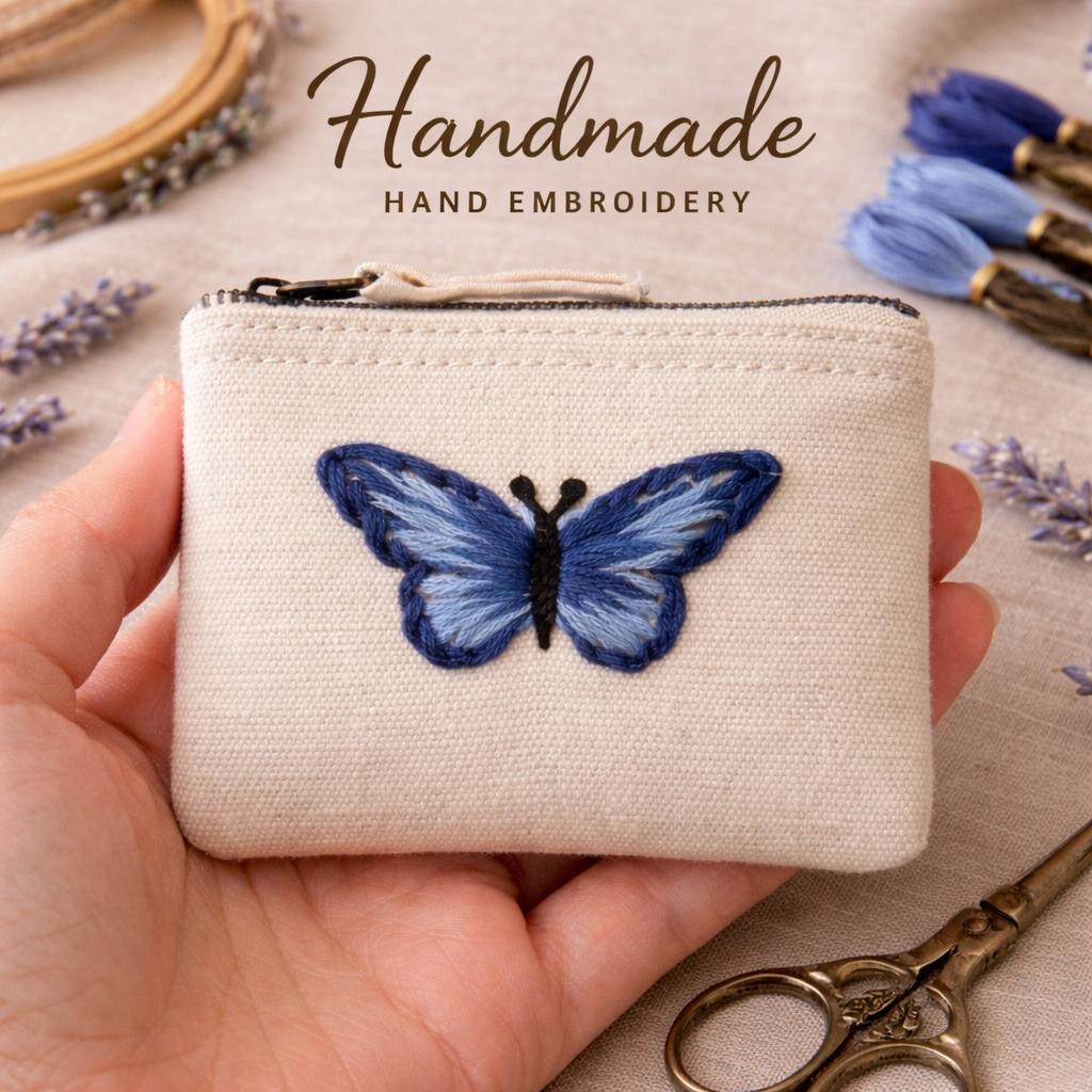 Handbestickte Geldbörse mit Schmetterling – Baumwolle Münztasche Geldbeutel Grün Blau Lila Gelb Braun