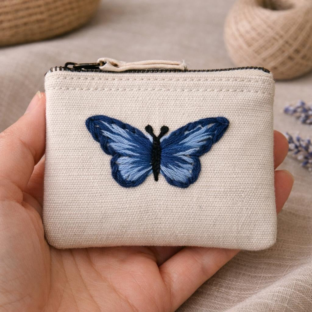 Handbestickte Geldbörse mit Schmetterling – Baumwolle Münztasche Geldbeutel Grün Blau Lila Gelb Braun
