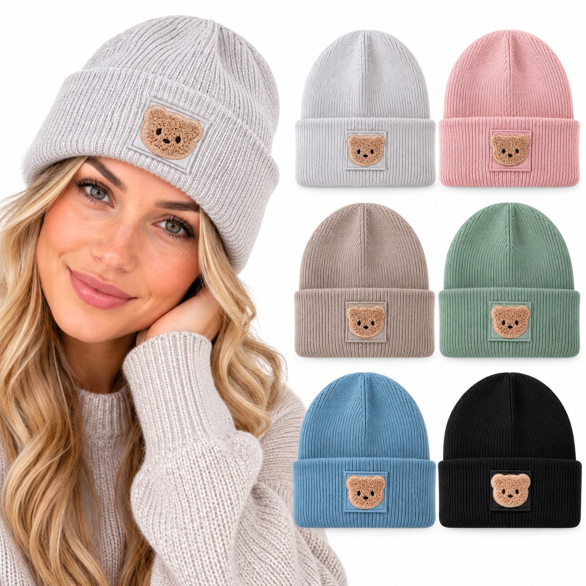 Beanie Strickmütze mit Teddy Bär Patch – Weiche Wintermütze mit Umschlag – Damen & Herren – Handveredelt Unisex