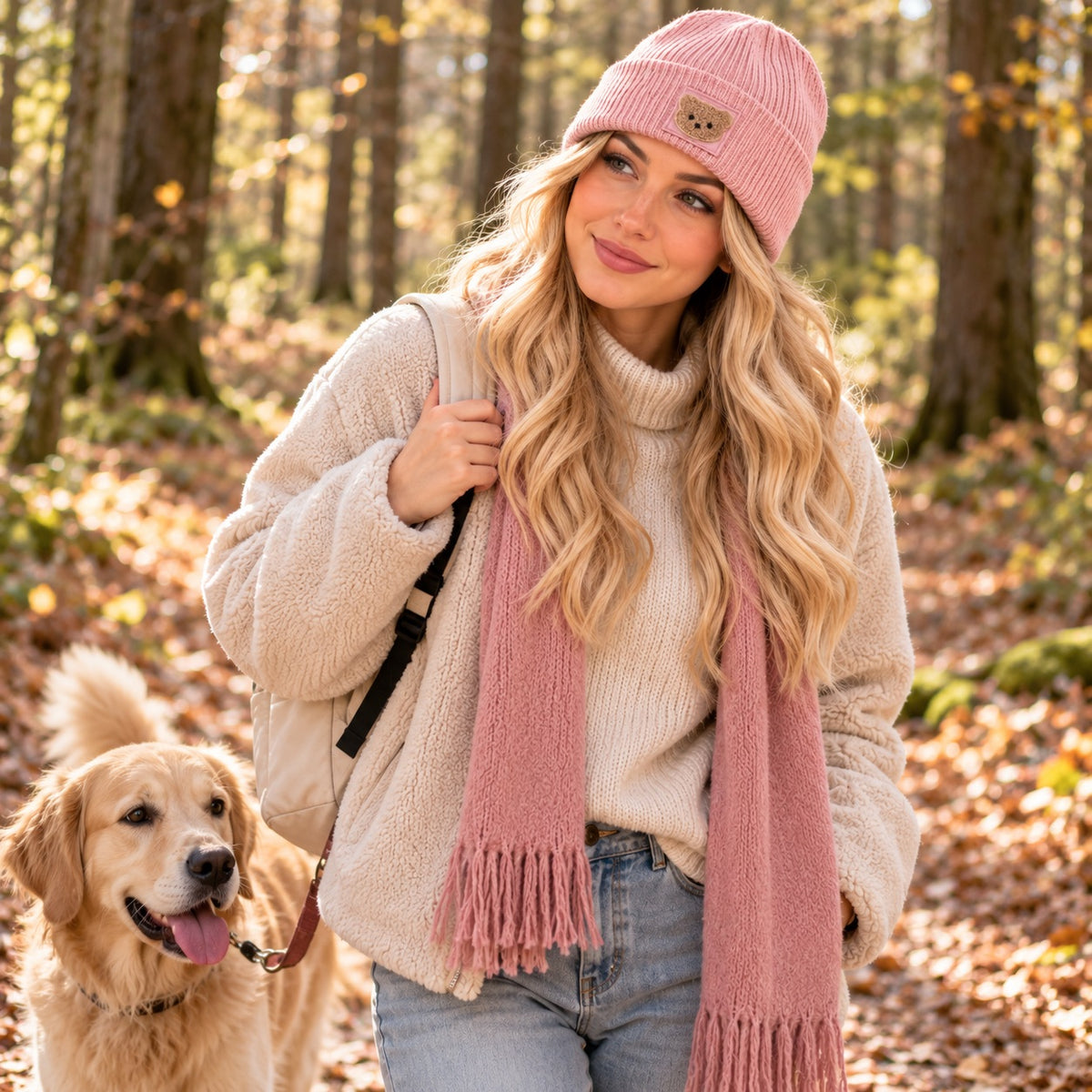 Beanie Strickmütze mit Teddy Bär Patch – Weiche Wintermütze mit Umschlag – Damen & Herren – Handveredelt Unisex